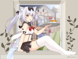 Rule 34 | 1girl, animal ears, azur lane, bare shoulders, black bow, black skirt, bow, bowtie, breasts, brown eyes, cat ears, cup, drinking straw, from side, hair bow, holding, holding tray, long hair, looking at viewer, midriff, mitya, mug, navel, no shoes, open mouth, pleated skirt, red bow, sailor collar, sitting, skirt, small breasts, solo, thighhighs, tray, twintails, twitter username, white thighhighs, windowsill, yukikaze (azur lane)