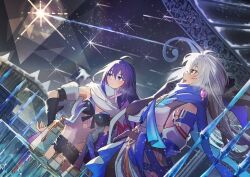 Rule 34 | 2girls, ahoge, armband, bare shoulders, black gloves, black shorts, blue hair, blue scarf, blush, breasts, bronya rand, closed mouth, colored inner hair, detached sleeves, earrings, elbow gloves, fence, gloves, grey eyes, grey hair, hair between eyes, hand on own hip, honkai: star rail, honkai (series), jewelry, kyouyasai4423, long hair, medium breasts, multicolored hair, multiple girls, new year, night, open mouth, red armband, scarf, seele (honkai: star rail), shorts, small breasts, smile, standing, star (sky), teeth, upper teeth only, white scarf