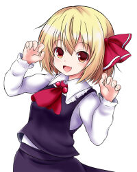 Rule 34 | 1girl, :d, ascot, black skirt, black vest, blonde hair, commentary request, fang, hair ribbon, highres, long sleeves, looking at viewer, matelia, open mouth, red ascot, red eyes, red ribbon, ribbon, rumia, shirt, short hair, simple background, skirt, smile, solo, touhou, vest, white background, white shirt