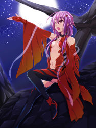 Rule 34 | 10s, 1girl, bare shoulders, black thighhighs, breasts, center opening, cleavage, detached sleeves, fingerless gloves, full moon, gloves, guilty crown, hair ornament, hairclip, hand on own chest, highres, long hair, moon, music, navel, open mouth, oukasirayami, pink hair, red eyes, singing, sky, small breasts, solo, star (sky), starry sky, thighhighs, twintails, yuzuriha inori
