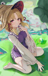 Rule 34 | 1girl, absurdres, animal print, blonde hair, blurry, blurry background, brown hat, frog print, gradient eyes, hat, highres, looking at viewer, lotus leaf, mole, mole under eye, moriya suwako, multicolored eyes, no shoes, print headwear, purple skirt, purple vest, qiao yucheng, red nails, red ribbon, ribbon, sitting, skirt, smile, solo, thighhighs, touhou, vest, wariza, water, white sleeves, white thighhighs, wide sleeves