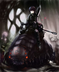 Rule 34 | abubu, androgynous, fantasy, gas mask, gender request, gun, mask, original, outdoors, riding, rifle, short hair, solo, weapon