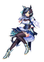 Rule 34 | 1girl, absurdres, alternate costume, animal ears, ascot, black hair, black thighhighs, blue eyes, breasts, buttons, cleavage, commentary request, double-breasted, dress, ear covers, eishin flash (umamusume), elbow gloves, frilled dress, frills, full body, garter straps, gloves, hairband, high heels, highres, holding, holding microphone, horse ears, horse girl, horse tail, large breasts, light blush, looking at viewer, microphone, open mouth, outstretched hand, puffy short sleeves, puffy sleeves, same kujira (challenger 310), short hair, short sleeves, single ear cover, smile, solo, tail, thighhighs, umamusume, white ascot, white gloves