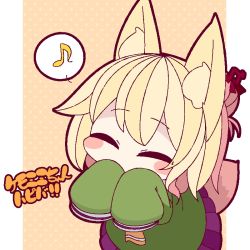 Rule 34 | 1girl, animal ear fluff, animal ears, banned artist, blonde hair, blush stickers, borrowed character, brown background, closed eyes, commentary, covered mouth, eighth note, fox ears, fox girl, fox tail, green shirt, hair bun, hair ornament, hands up, inunoko., kemomimi-chan (naga u), long sleeves, musical note, necktie, orange necktie, original, pleated skirt, polka dot, polka dot background, purple skirt, shirt, skirt, sleeves past fingers, sleeves past wrists, solo, spoken musical note, tail, translation request, two-tone background, white background