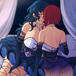 Rule 34 | 2girls, aoba tsugumi, blue hair, blue skirt, breasts, cleavage, dress, earrings, elbow gloves, ensemble stars!, fishnets, gloves, highres, jewelry, large breasts, long hair, lummy yummy, multiple girls, necklace, night, night sky, pearl necklace, red hair, sakasaki natsume, short hair with long locks, skirt, sky, starry sky print, wavy hair, white dress, white hair, yuri