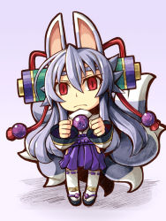Rule 34 | 1girl, alternate color, alternate hair color, animal ears, bare hips, chibi, eyebrows, fox ears, fox tail, frown, grey background, grey hair, hair ornament, hakama, hakama short skirt, hakama skirt, hip vent, izuna (shinrabanshou), japanese clothes, long hair, looking at viewer, multiple tails, pigeon-toed, red eyes, sandals, saru 000, scroll, shinrabanshou, simple background, skirt, slit pupils, solo, tail, thick eyebrows, thighhighs, very long hair, white thighhighs, wide sleeves