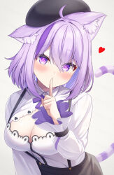 Rule 34 | 1girl, animal ear fluff, animal ears, beret, blush, breasts, cat ears, cat girl, cat tail, cleavage, hat, heart, highres, hololive, large breasts, looking at viewer, medium hair, multicolored hair, nekomata okayu, nekomata okayu (wonderland), official alternate costume, purple eyes, purple hair, simple background, solo, suicabar72, suspenders, tail, two-tone hair, virtual youtuber, white background