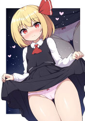 Rule 34 | 1girl, ascot, black skirt, black vest, blonde hair, blush, closed mouth, clothes lift, collared shirt, cowboy shot, hair between eyes, hair ribbon, heart, highres, lifted by self, long sleeves, looking at viewer, panties, pink panties, red ascot, red eyes, red ribbon, ribbon, rizento, rumia, shirt, short hair, skirt, skirt lift, solo, touhou, underwear, vest, white shirt