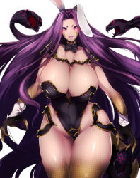 Rule 34 | 1girl, animal ears, blush, breasts, choker, cleavage, curvy, fake animal ears, fangs, fate/grand order, fate (series), gorgon (fate), highres, huge breasts, lips, long hair, looking at viewer, medusa (fate), medusa (rider) (fate), open mouth, playboy bunny, purple eyes, purple hair, rabbit ears, ribbon, rider, scales, sekiyu (spartan), solo, thick thighs, thighs, very long hair, wide hips