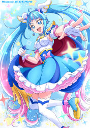 Rule 34 | 1girl, :d, ahoge, armband, blue cape, blue dress, blue eyes, blue footwear, blue hair, cape, cape hold, commentary, cure sky, cut bangs, dated, diagonal bangs, dress, foreshortening, frilled dress, frills, fringe trim, hanzou, highres, hirogaru sky! precure, leg up, light particles, long hair, looking at viewer, multicolored hair, open mouth, pink hair, precure, reaching, reaching towards viewer, red cape, shoes, short dress, sleeveless, sleeveless dress, smile, solo, sora harewataru, sparkle, standing, standing on one leg, star (symbol), streaked hair, thighhighs, twintails, twitter username, two-sided cape, two-sided fabric, very long hair, white thighhighs, wing hair ornament