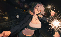 Rule 34 | 1girl, beach, breasts, cleavage, collarbone, covered navel, dutch angle, fireworks, fur-trimmed jacket, fur trim, grey hair, grin, hair between eyes, highres, holding hands, jacket, jewelry, large breasts, long bangs, looking at viewer, medium hair, midriff peek, necklace, new year, night, open clothes, open jacket, original, pov, pov hands, purple eyes, s.u. (simpleu818), shirt, short shorts, shorts, smile, sparkler, water, white shirt
