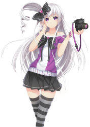 Rule 34 | 1girl, bare shoulders, camera, hair ribbon, hand on own cheek, hand on own face, highres, image sample, long hair, looking at viewer, original, purple eyes, ribbon, rizky (strated), side ponytail, silver hair, skirt, smile, solo, striped clothes, striped thighhighs, thighhighs