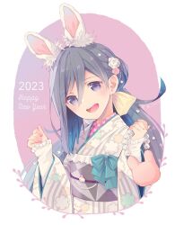 Rule 34 | 1girl, 2023, animal ears, blue eyes, blue hair, blush, chinese zodiac, colis, grey hair, hair between eyes, happy new year, japanese clothes, kantai collection, kimono, kiyoshimo (kancolle), long hair, long sleeves, low twintails, multicolored hair, new year, obi, open mouth, rabbit ears, sash, smile, solo, teeth, twintails, upper body, upper teeth only, white kimono, wide sleeves, year of the rabbit