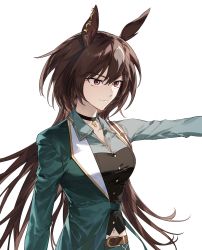 Rule 34 | 1girl, arm out of sleeve, belt, breasts, brown hair, buttons, choker, closed mouth, collared shirt, commentary, dimseomjang-gun, green jacket, highres, jacket, long hair, long sleeves, looking afar, medium breasts, navel, outstretched arm, red eyes, shirt, simple background, sirius symboli (umamusume), smile, solo, umamusume, upper body, white background