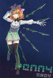 Rule 34 | 1girl, black thighhighs, blade, bob cut, boots, bow, character name, copyright name, dress, full body, green eyes, hair bow, lino chang, long sleeves, looking at viewer, multiple swords, orange hair, outstretched arm, penny polendina, rwby, short hair, smile, solo, thigh boots, thighhighs, zettai ryouiki