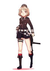 Rule 34 | 1girl, absurdres, alternate costume, bare legs, belt, bike shorts, black hat, black jacket, black necktie, black shorts, blonde hair, blush, boots, breast pocket, brown footwear, commentary, cross-laced footwear, english commentary, epaulettes, full body, girls&#039; frontline, gun, hat, highres, holding, holding gun, holding weapon, jacket, kneehighs, lace-up boots, long sleeves, looking at viewer, military, military hat, military uniform, mp40 (girls&#039; frontline), necktie, parted lips, pocket, pouch, red eyes, red socks, shirt, short hair, short shorts, shorts, simple background, socks, solo, submachine gun, thigh strap, thighs, uniform, walking, weapon, white background, white shirt, wing collar, yoruny