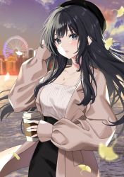 Rule 34 | 1girl, black hair, black hat, black skirt, blue eyes, blurry, blurry background, blush, breasts, cleavage, cloud, coffee cup, collarbone, cup, disposable cup, falling leaves, ferris wheel, hand up, hat, highres, holding, holding cup, jacket, jewelry, leaf, long hair, long sleeves, looking at viewer, masyu jyaga, necklace, original, outdoors, parted lips, pencil skirt, shirt, skirt, sky, solo, standing, white shirt
