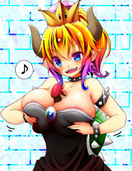 Rule 34 | 1boy, 1girl, blonde hair, bowsette, breasts, brooch, choker, cleavage, crown, fang, highres, humanization, jewelry, mario, mario (series), mii aki, new super mario bros. u deluxe, nintendo, open mouth, personification, pointy ears, red hair, smile, spiked choker, spikes, super crown, tiara