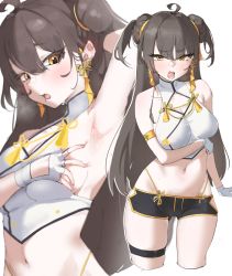 Rule 34 | 1girl, absurdres, ahoge, arm strap, arm up, armpits, bare arms, bare shoulders, black hair, black shorts, breasts, cleavage cutout, clothing cutout, crop top, cropped legs, double bun, earrings, embarrassed, fang, fingerless gloves, frown, gloves, hair bun, highleg, highres, hip vent, jewelry, large breasts, long hair, looking at viewer, micro shorts, midriff, navel, open mouth, original, presenting armpit, rashford, shirt, short shorts, shorts, skindentation, sleeveless, sleeveless shirt, solo, stomach, taut clothes, taut shirt, thigh strap, thighs, two side up, white gloves, white shirt, yellow eyes