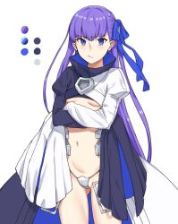 Rule 34 | 10s, 1girl, bad id, bad twitter id, blue eyes, blue ribbon, breasts, color guide, crossed arms, crotch plate, fate/extra, fate/extra ccc, fate/grand order, fate (series), frown, hair ribbon, long hair, long sleeves, meltryllis (fate), meltryllis (second ascension) (fate), michihasu, midriff, navel, purple hair, ribbon, simple background, sleeves past wrists, solo, underboob, white background