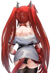 Rule 34 | 1girl, arknights, ass, bare shoulders, black panties, black thighhighs, cowboy shot, elbow gloves, from behind, gloves, highres, horn/wood, horns, long hair, no pants, off-shoulder shirt, off shoulder, panties, red gloves, red hair, shirt, short sleeves, shoulder blades, simple background, solo, tail, thigh gap, thighhighs, toddifons (arknights), twintails, underwear, very long hair, white background, white shirt
