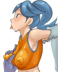 Rule 34 | 1girl, arm grab, bare shoulders, battle girl (pokemon), blue hair, blush, breasts, breasts squeezed together, covered erect nipples, creatures (company), crop top, from side, game freak, gen 1 pokemon, grabbing, grabbing another&#039;s breast, machamp, nintendo, npc trainer, pokemon, pokemon (creature), pokemon oras, ponytail, tongue, tongue out