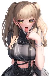 Rule 34 | 1girl, absurdres, arm behind back, blonde hair, bracelet, breasts, highres, jewelry, large breasts, long hair, looking at viewer, mask pull, nijisanji, open mouth, piercing, ring, simple background, sister claire, sister claire (9th costume), solo, suraimu (suraimuraimu), tongue, tongue out, tongue piercing, two side up, virtual youtuber, white background, yellow eyes