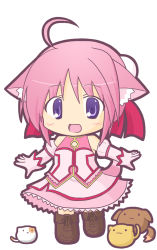 Rule 34 | 1girl, :d, ahoge, animal, animal ear fluff, animal ears, bare shoulders, blush, boots, brown footwear, cat, chibi, commentary request, detached sleeves, dog, dog days, dog ears, dog girl, dog tail, full body, gloves, hair between eyes, hair ribbon, juliet sleeves, long sleeves, millhiore f. biscotti, open mouth, pink gloves, pink hair, pink shirt, pink skirt, puffy sleeves, purple eyes, red ribbon, ri-net, ribbon, shirt, simple background, skirt, sleeveless, sleeveless shirt, smile, solo, standing, tail, white background