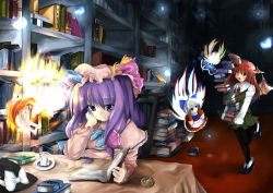 Rule 34 | 2girls, bat wings, book, cup, female focus, hat, head wings, koakuma, library, multiple girls, open book, patchouli knowledge, reading, sho (runatic moon), embodiment of scarlet devil, touhou, voile, wings, witch hat