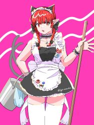 Rule 34 | 1girl, alternate costume, apron, blunt bangs, braid, breasts, bright pupils, bucket, buttons, collarbone, commentary request, cowboy shot, enmaided, extra ears, fang, frills, hand on own hip, highres, holding, holding bucket, holding mop, kaenbyou rin, komeiji koishi, komeiji satori, large breasts, long hair, looking at viewer, low twin braids, maid, maid headdress, mop, nekomata, open mouth, outstretched hand, pointy ears, raised eyebrow, red eyes, red hair, reiuji utsuho, saya marochan, solo, thigh gap, thighhighs, touhou, twin braids, waist apron, white apron, white pupils, white thighhighs, wrist cuffs