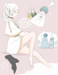 Rule 34 | 1girl, 3boys, bare legs, barefoot, beard, black pantyhose, blood, blood from mouth, blue eyes, blue hair, brown hair, cape, capelet, cloak, dress, dwarf, earrings, eisen (sousou no frieren), elf, facial hair, facing away, feet up, frieren, giving up the ghost, green hair, grey background, hair over shoulder, heiter, helmet, highres, himmel (sousou no frieren), jewelry, knee up, long hair, long sleeves, looking at another, looking away, looking down, looking to the side, looking up, mole, mole under eye, multiple boys, multiple views, pantyhose, unworn pantyhose, plantar flexion, pointy ears, profile, sachinyopo, scared, short hair, side-by-side, sitting, soaking feet, sousou no frieren, twintails, white cape, white capelet, white cloak, white dress, white hair
