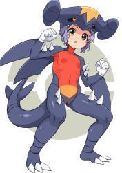 Rule 34 | 1girl, bar censor, blush, bodysuit, cameltoe, censored, cleft of venus, clenched hands, commentary request, cosplay, covered erect nipples, covered navel, creatures (company), flat chest, game freak, garchomp, garchomp (cosplay), gen 4 pokemon, gloves, grey hair, hands up, idolmaster, idolmaster million live!, kevin.g.tuck, knees, legs apart, looking at viewer, makabe mizuki, nintendo, open mouth, pokemon, short hair, solo, spikes, standing, tongue, white gloves, yellow eyes