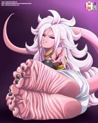 Rule 34 | android 21, barefoot, colored skin, dragon ball, dragon ball fighterz, feet, foot focus, happy, highres, leaning forward, nail polish, pink skin, rankerhen, red eyes, sitting, smile, soles, spread legs, white hair