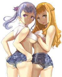 Rule 34 | 2girls, ass, back, bare shoulders, black clover, breasts, closed mouth, grey hair, highres, large breasts, long hair, mimosa vermillion, multiple girls, noelle silva, open mouth, orange hair, purple eyes, shadow, shorts, tagme, tukemen gyokai, twintails, yellow eyes