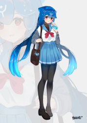 Rule 34 | 1girl, absurdres, bag, bao (vtuber), black footwear, black pantyhose, blue hair, blue sailor collar, blue skirt, blush, breasts, cup, disposable cup, drinking straw, full body, gradient hair, grey background, grey jacket, hair between eyes, highres, holding, holding cup, indie virtual youtuber, jacket, loafers, long hair, long sleeves, multicolored hair, off shoulder, open clothes, open jacket, pantyhose, pleated skirt, red eyes, red neckwear, ribbon, sailor collar, school uniform, serafuku, shirt, shoes, signature, skirt, small breasts, smile, solo, very long hair, virtual youtuber, whale, white shirt, yuniiho, zoom layer