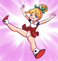 Rule 34 | 1girl, android, blonde hair, blue eyes, blush, capcom, drantyno, dress, flat chest, green ribbon, hair ribbon, highres, jumping, legs apart, long hair, looking at viewer, mega man (classic), mega man (series), open mouth, panties, pink background, ponytail, red dress, red footwear, ribbon, robot, roll (mega man), shoes, short sleeves, smile, solo, spread legs, underwear, white panties, wind, wind lift