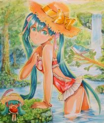 Rule 34 | 2girls, ^ ^, aqua eyes, aqua hair, arm support, bird, bracelet, branch, closed eyes, commentary, cowboy shot, dual persona, earrings, eating, expressionless, flower earrings, food, frilled one-piece swimsuit, frilled swimsuit, frills, from side, fruit, grass, hair ribbon, hat, hatsune miku, holding, holding food, holding fruit, jewelry, leaning forward, long hair, looking at viewer, looking to the side, mayo riyo, mini person, minigirl, multiple girls, one-piece swimsuit, outdoors, parted lips, pink ribbon, red one-piece swimsuit, ribbon, straw hat, swimsuit, traditional media, tree, twintails, very long hair, vocaloid, wading, water, waterfall, watermelon