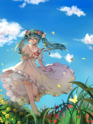 Rule 34 | 1girl, bug, butterfly, cloud, day, dress, grass, green eyes, green hair, hatsune miku, head wreath, highres, insect, long hair, matching hair/eyes, outdoors, petals, sky, solo, twintails, vocaloid, yun (ljw893053278)