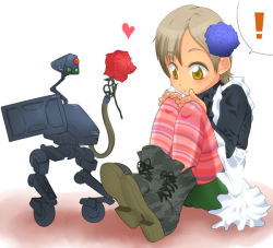 Rule 34 | !, 1girl, apron, blue flower, blue rose, boots, brown eyes, cross-laced footwear, flower, hair flower, hair ornament, heart, hugging own legs, kyo s, mecha, metal gear (series), metal gear mk. ii, metal gear solid 4: guns of the patriots, multicolored clothes, multicolored legwear, pantyhose, parted bangs, patterned legwear, robot, rose, short hair, shorts, silver hair, striped clothes, striped pantyhose, sunny gurlukovich