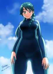 Rule 34 | 1girl, 2015, artist name, blue eyes, bodysuit, braid, breasts, cloud, cloudy sky, dated, day, diving suit, foreshortening, from below, go! princess precure, green hair, hair over shoulder, hands on thighs, kaidou minami, large breasts, long hair, looking down, precure, signature, single braid, sky, smile, solo, tachibana roku, thighs, wetsuit