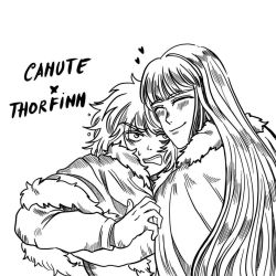 2boys androgynous annoyed canute character_name closed_eyes embarrassed fur_collar fur_trim heart hug long_hair looking_at_another male_focus messy_hair monochrome multiple_boys open_mouth prince sidelocks smile teeth themy_minamino thorfinn viking vinland_saga yaoi