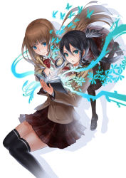 Rule 34 | 2girls, black bow, black footwear, black hair, black pantyhose, blue eyes, book, bow, bowtie, brown hair, bug, butterfly, hair between eyes, hair bow, holding, holding book, insect, jacket, leg up, loafers, long hair, long sleeves, looking at viewer, multiple girls, nidy, original, over-kneehighs, pantyhose, parted lips, pleated skirt, pocket, red bow, red bowtie, school uniform, shoes, simple background, skirt, smile, thighhighs, twintails, white background, zettai ryouiki