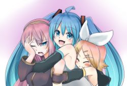 Rule 34 | absurdres, blonde hair, blue eyes, blue hair, blush, blush stickers, detached sleeves, closed eyes, facepalm, hair ornament, hairclip, hatsune miku, highres, hug, hug from behind, kagamine rin, kazenoko, long hair, looking at viewer, megurine luka, one eye closed, open mouth, pink hair, smile, twintails, vocaloid