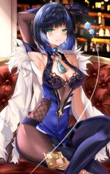 Rule 34 | 1girl, absurdres, aqua eyes, arm up, armpits, bare shoulders, blue hair, blunt bangs, bob cut, breasts, cleavage, commentary, dice, elbow gloves, feet out of frame, fur-trimmed jacket, fur trim, genshin impact, gloves, grin, highres, indoors, jacket, looking at viewer, medium breasts, mole, mole on breast, parted lips, sachiko nya, short hair, single glove, sitting, sleeveless, smile, solo, thighs, white jacket, yelan (genshin impact)