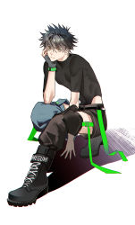 Rule 34 | 1boy, absurdres, ankle boots, arm support, black footwear, black hair, boots, closed mouth, commentary request, compression sleeve, detached pants, fingerless gloves, full body, fushiguro megumi, gloves, green eyes, hair between eyes, head rest, highres, ikag, jujutsu kaisen, looking away, male focus, outstretched leg, pants, short hair, short sleeves, single glove, solo, spiked hair, spread legs, squatting, taut clothes