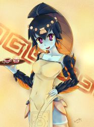 Rule 34 | 1girl, absurdres, apron, blue skin, blunt bangs, blush, breasts, colored sclera, colored skin, fins, fish girl, food, hair ornament, head fins, highres, medium breasts, minette (skullgirls), monster girl, pink eyes, rice, scales, shell, skindentation, skullgirls, smile, solo, synesterneko, thighhighs, waitress, yellow sclera