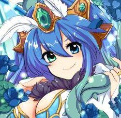 Rule 34 | 10s, 1girl, blue eyes, blue hair, blush, breasts, character request, cleavage, feathers, flower, gem, green eyes, heterochromia, large breasts, long hair, monster strike, negiko, solo