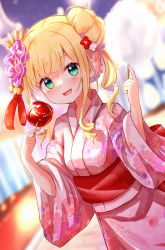 Rule 34 | 1girl, :d, baram, blonde hair, blurry, blurry background, breasts, candy apple, commentary request, cotton candy, depth of field, dutch angle, floral print, food, green eyes, hair bun, hands up, holding, holding food, japanese clothes, kimono, long hair, long sleeves, looking at viewer, market stall, mononobe alice, multicolored hair, night, nijisanji, obi, open mouth, outdoors, pink kimono, print kimono, purple hair, ringlets, sash, sidelocks, single side bun, small breasts, smile, solo, streaked hair, summer festival, virtual youtuber, wide sleeves