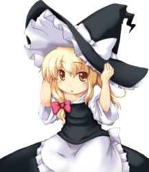 Rule 34 | 1girl, aged down, blonde hair, blush, female focus, hand on headwear, hat, kirisame marisa, lowres, myonde, oversized clothes, simple background, skirt, solo, touhou, white background, witch, witch hat, yellow eyes