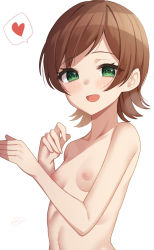 Rule 34 | 1girl, :d, binsen, blush, breasts, brown hair, eyes visible through hair, female focus, green eyes, heart, highres, idolmaster, idolmaster million live!, kinoshita hinata, looking at viewer, nipples, open mouth, signature, simple background, small breasts, smile, solo, spoken heart, swept bangs, upper body, white background